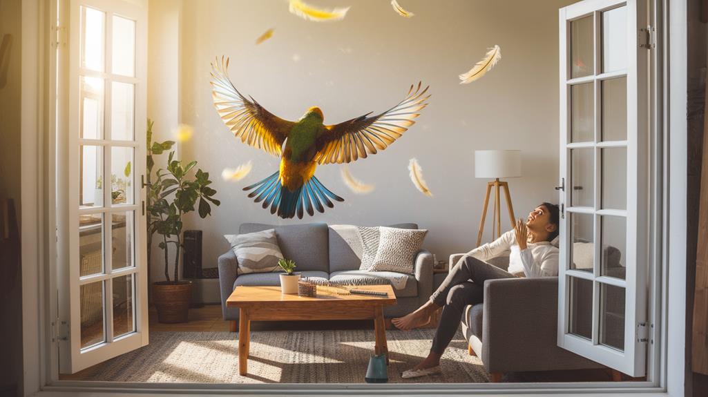 bird flies inside house